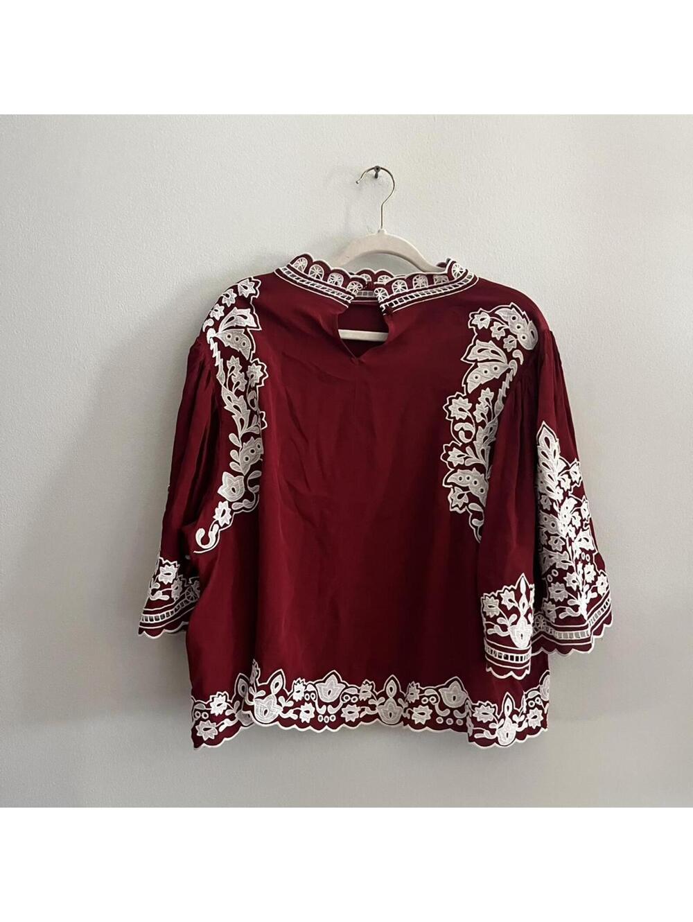 Farm Rio Burgundy Bicolor Palm Tree Embroidery Blouse - Picture 7 of 9